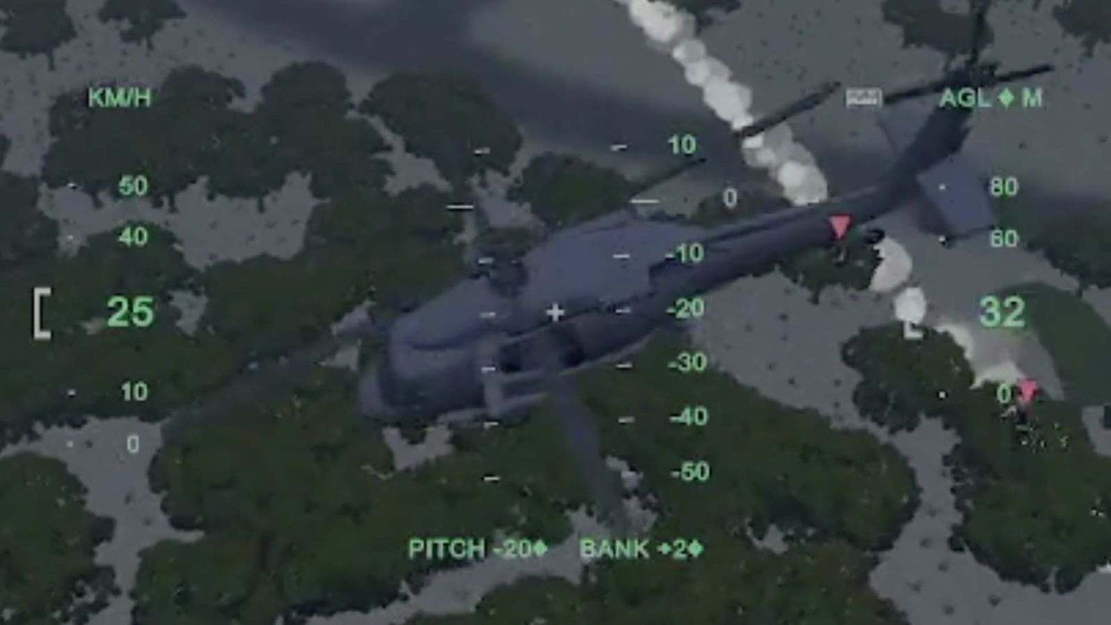 Transport helicopter flying over the treeline